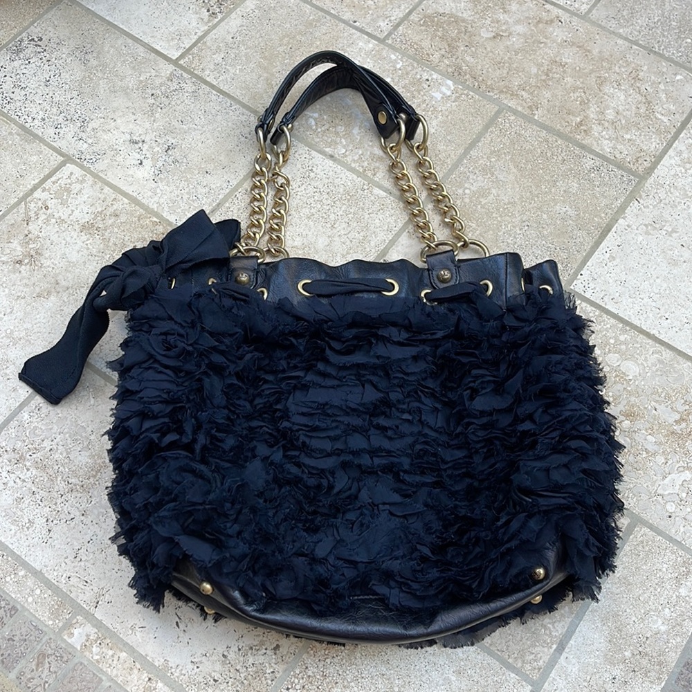 Juicy Couture Black Leather/silk ribbon purse
